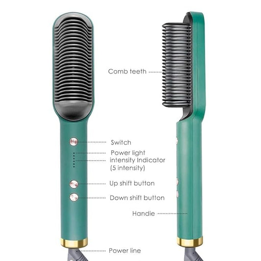 2 in 1 Ceramic Hair Straightener Brush for Women | Fast Heating Ionic Hot Comb with 5 Heat Settings, Anti-Scald & Auto Shut-Off