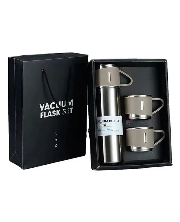 Double Wall Stainless Steel Vacuum Insulated Bottle Water Flask Gift Set with Two Cups Hot & Cold Brown - 500 ml