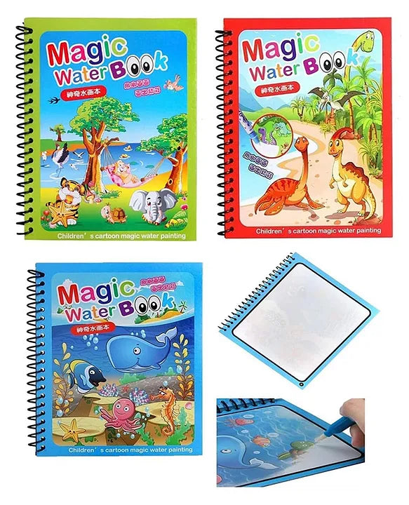 Magic Water Doodle Colouring Book with Refillable Pen – Spiral Bound, Reusable Drawing Pad for Kids (3 Books Set, Age 3+)