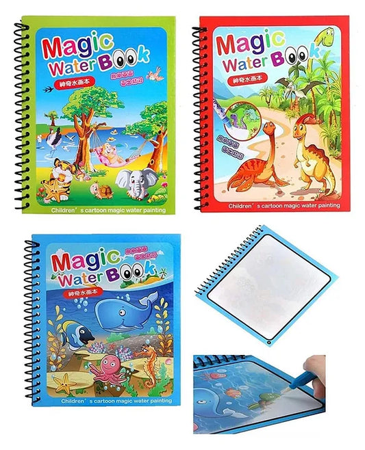 Magic Water Doodle Colouring Book with Refillable Pen – Spiral Bound, Reusable Drawing Pad for Kids (3 Books Set, Age 3+)