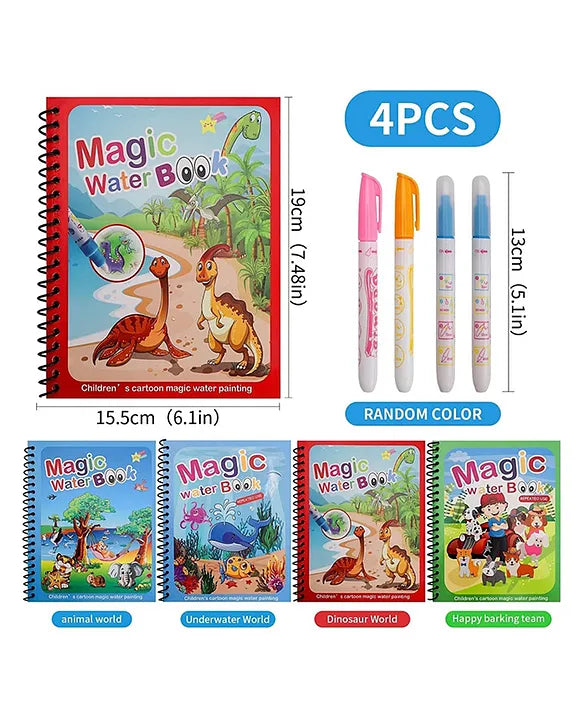 Magic Water Doodle Colouring Book with Refillable Pen – Spiral Bound, Reusable Drawing Pad for Kids (3 Books Set, Age 3+)