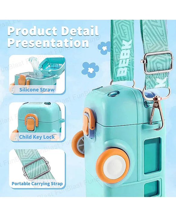 Bus-Shaped Kids Water Bottle – 480ml, Leakproof with Straw, Adjustable Strap, One-Click Open (Age 3+)