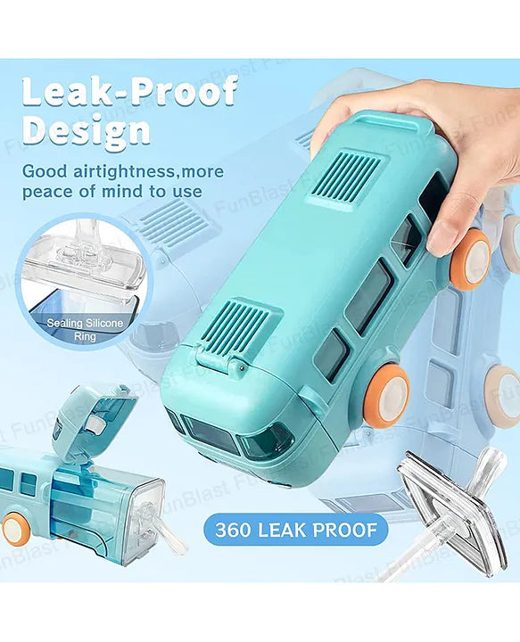 Bus-Shaped Kids Water Bottle – 480ml, Leakproof with Straw, Adjustable Strap, One-Click Open (Age 3+)