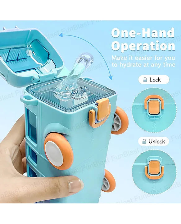 Bus-Shaped Kids Water Bottle – 480ml, Leakproof with Straw, Adjustable Strap, One-Click Open (Age 3+)