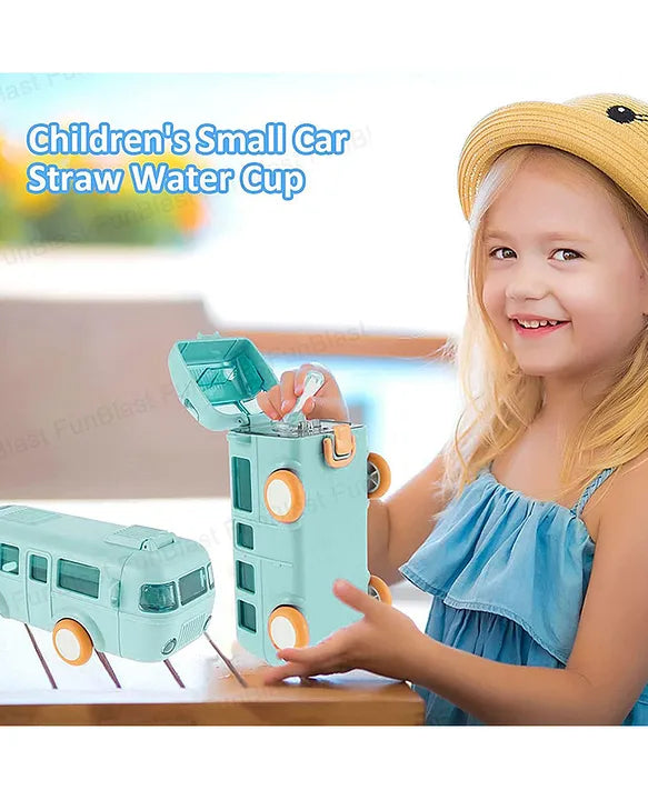 Bus-Shaped Kids Water Bottle – 480ml, Leakproof with Straw, Adjustable Strap, One-Click Open (Age 3+)