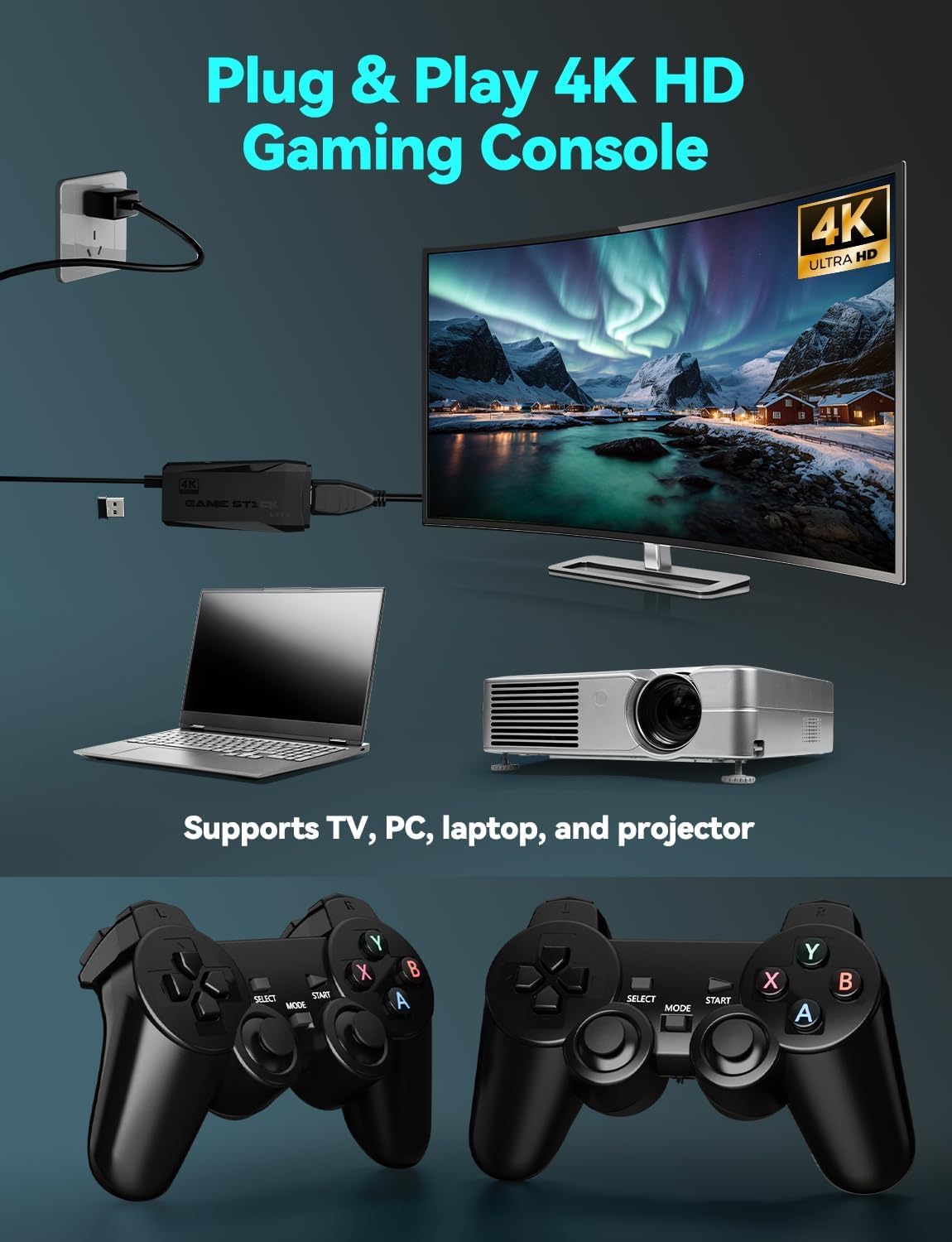 Wireless Retro Video Game Console – 1080p HDMI Output, Dual Controllers, 64GB, 9 Emulators, Plug & Play Gaming Stick