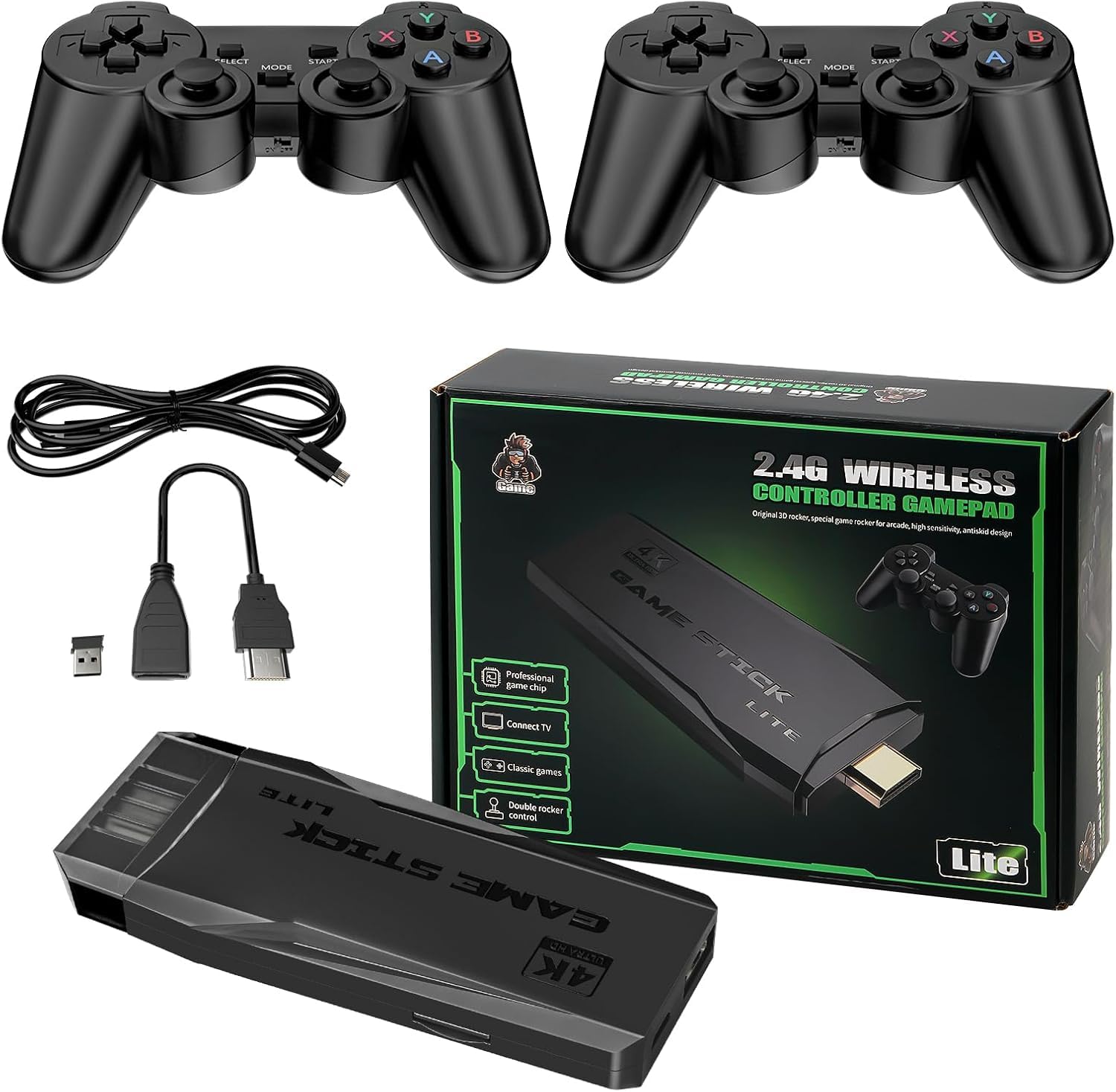 Wireless Retro Video Game Console – 1080p HDMI Output, Dual Controllers, 64GB, 9 Emulators, Plug & Play Gaming Stick
