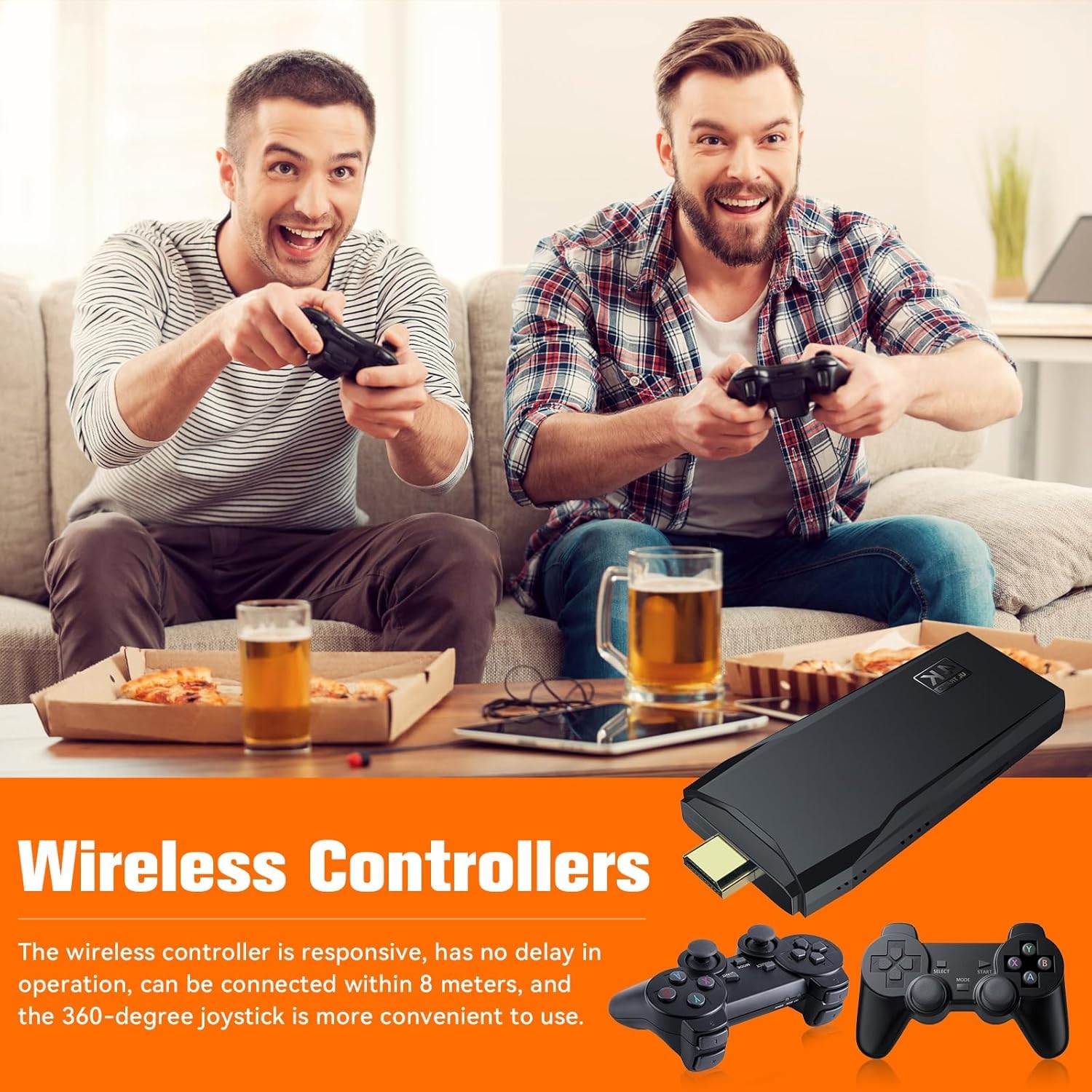 Wireless Retro Video Game Console – 1080p HDMI Output, Dual Controllers, 64GB, 9 Emulators, Plug & Play Gaming Stick