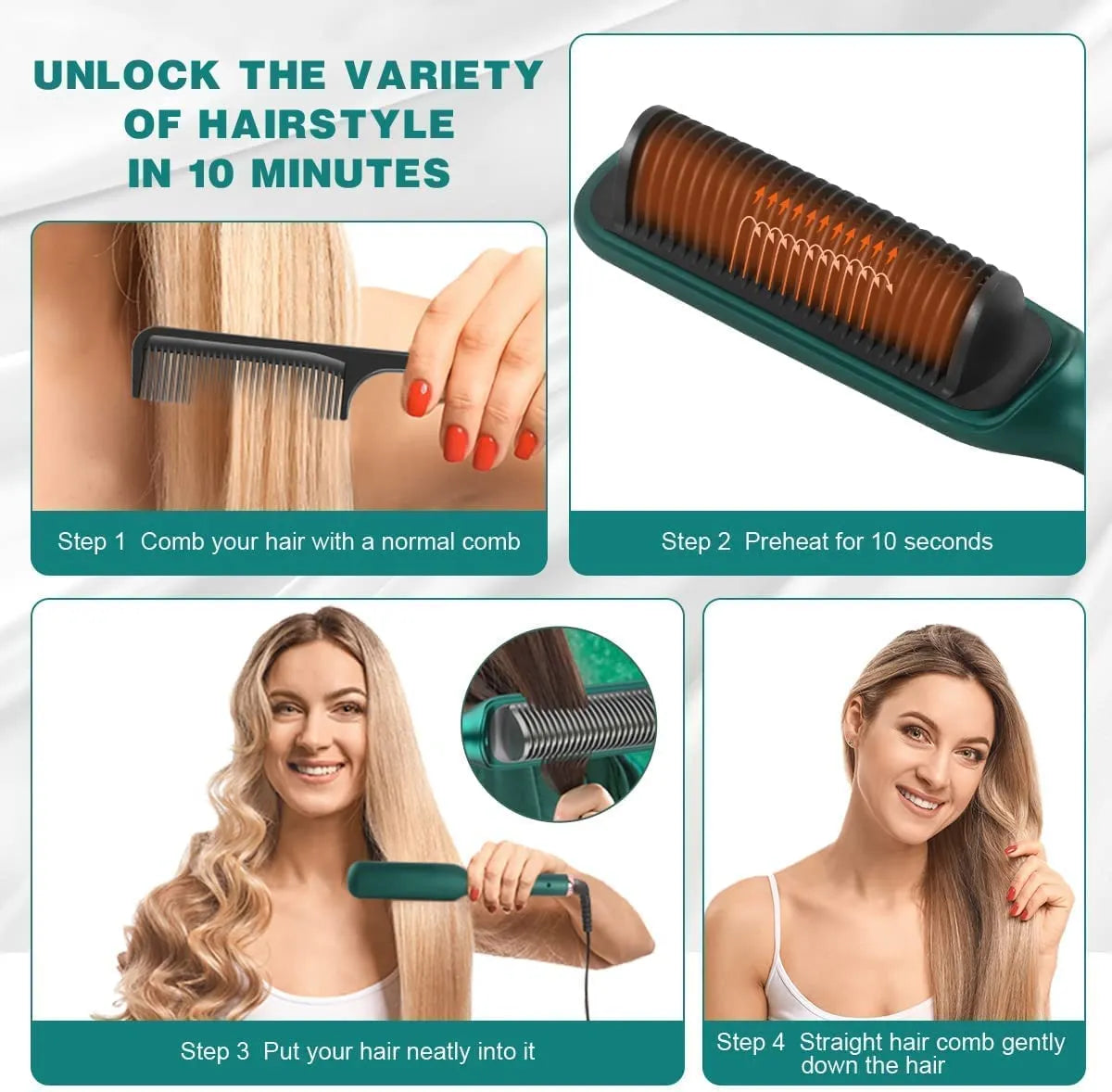 2 in 1 Ceramic Hair Straightener Brush for Women | Fast Heating Ionic Hot Comb with 5 Heat Settings, Anti-Scald & Auto Shut-Off