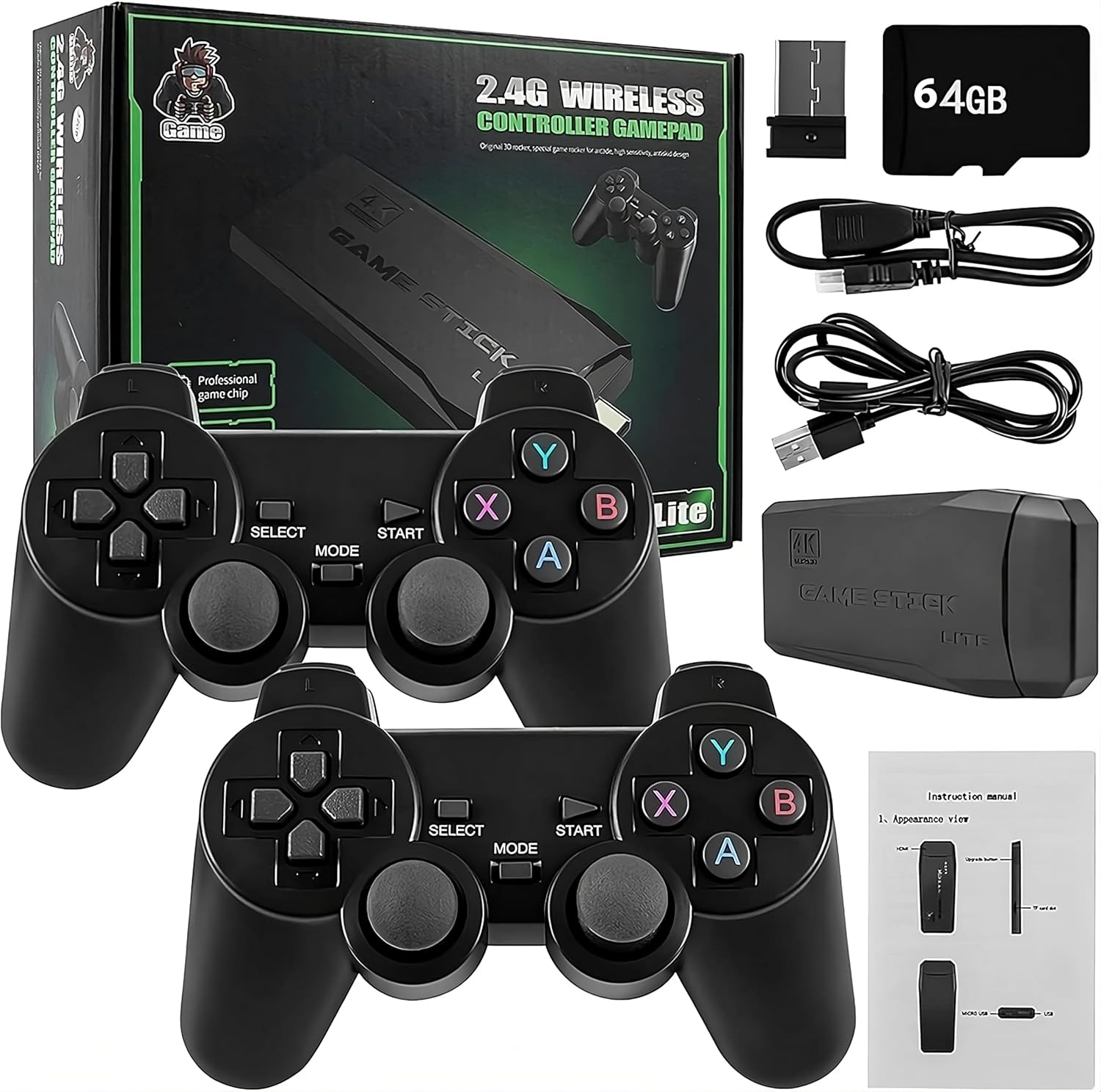 Wireless Retro Video Game Console – 1080p HDMI Output, Dual Controllers, 64GB, 9 Emulators, Plug & Play Gaming Stick