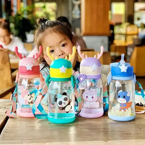 Kids Water Bottle with Strap – 680ml Leakproof, BPA-Free, Soft Spout, One-Button Lid PACK OF TWO (Multicolor)