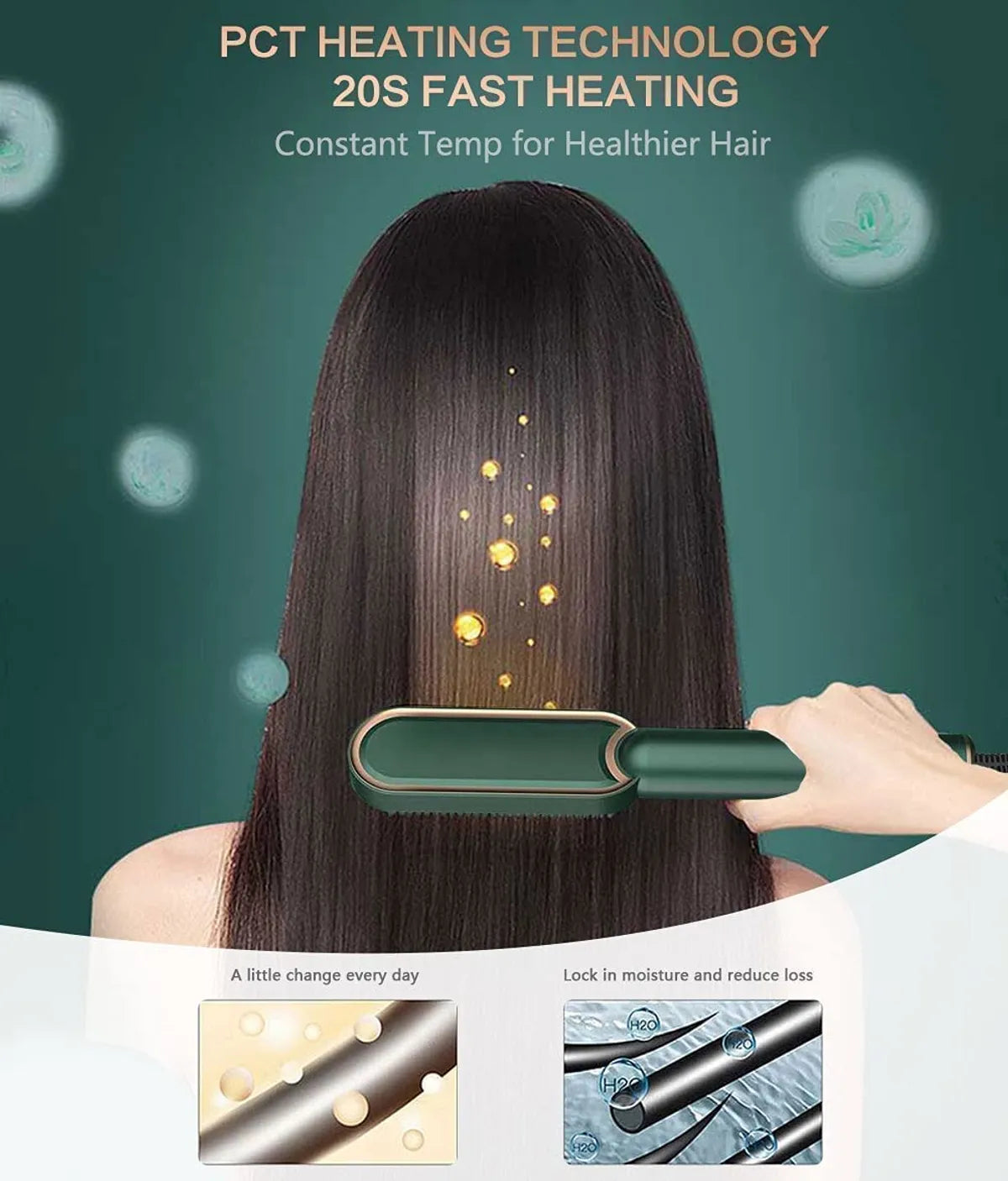 2 in 1 Ceramic Hair Straightener Brush for Women | Fast Heating Ionic Hot Comb with 5 Heat Settings, Anti-Scald & Auto Shut-Off