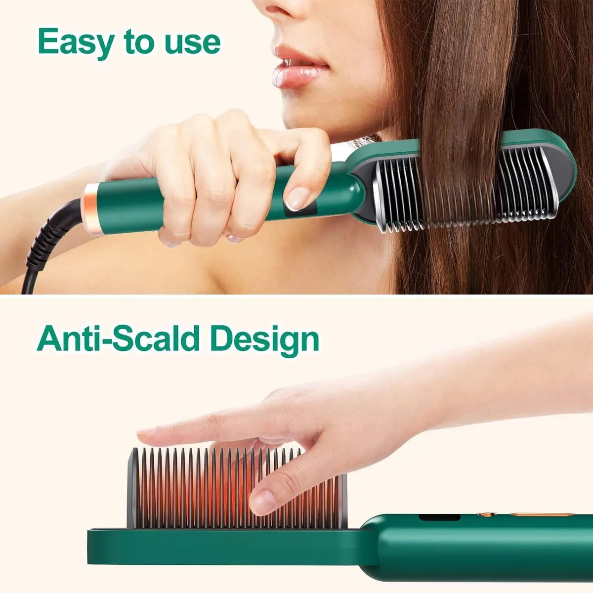 2 in 1 Ceramic Hair Straightener Brush for Women | Fast Heating Ionic Hot Comb with 5 Heat Settings, Anti-Scald & Auto Shut-Off