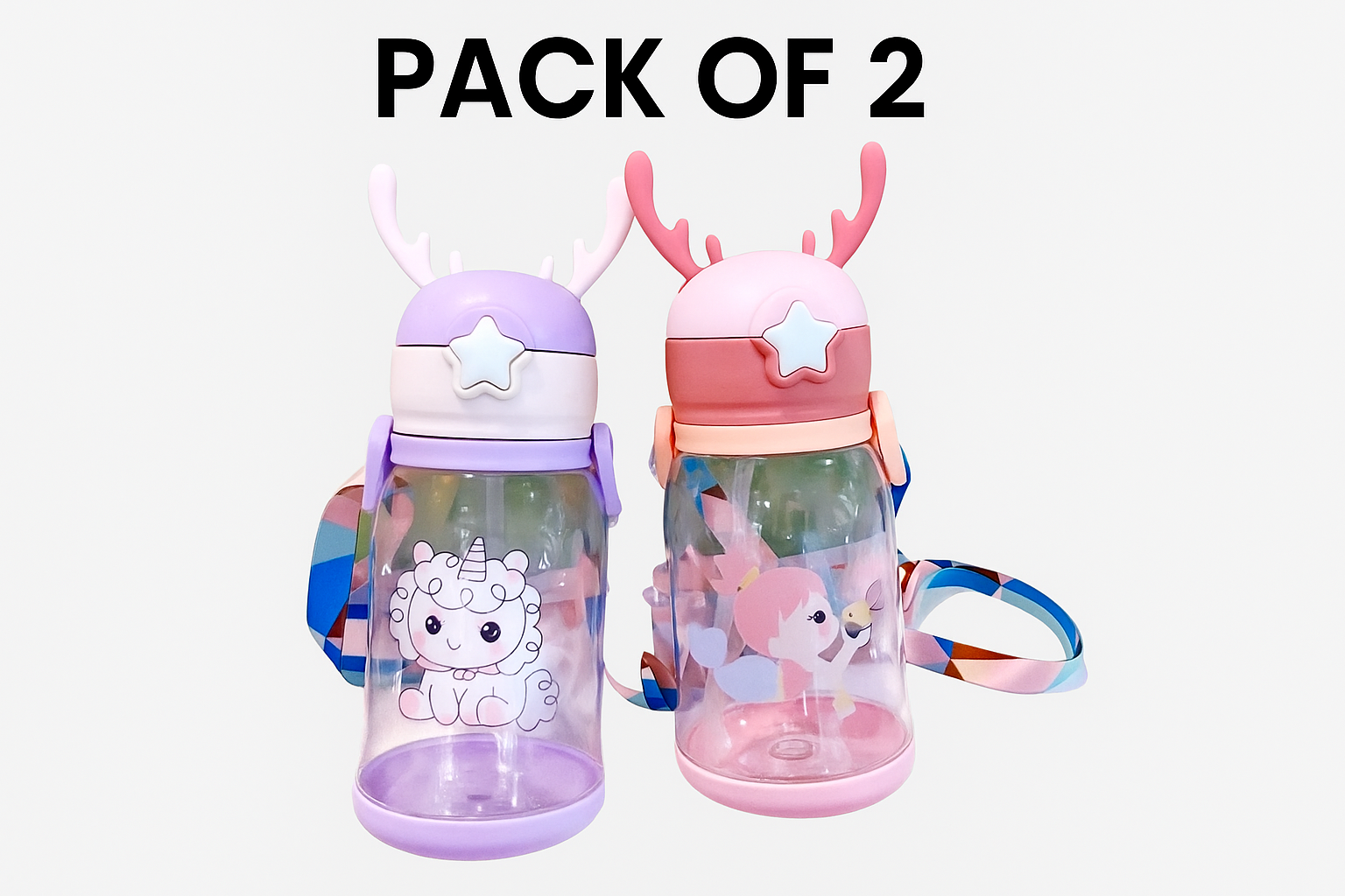 Kids Water Bottle with Strap – 680ml Leakproof, BPA-Free, Soft Spout, One-Button Lid PACK OF TWO (Multicolor)