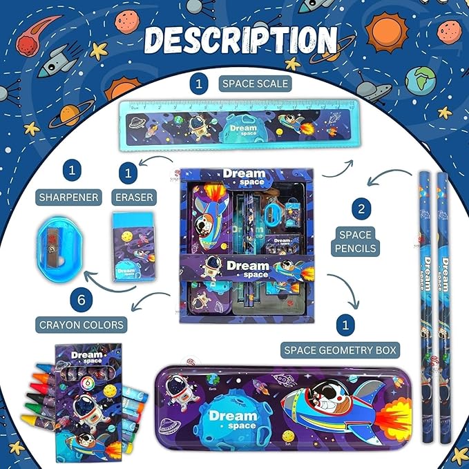 Dream Space Stationery Kit for Kids – 6-in-1 Cartoon School Set with Pencil Box, Crayons, Pencils, Eraser, Scale & Sharpener