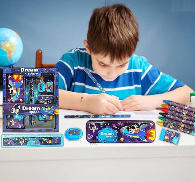 Dream Space Stationery Kit for Kids – 6-in-1 Cartoon School Set with Pencil Box, Crayons, Pencils, Eraser, Scale & Sharpener