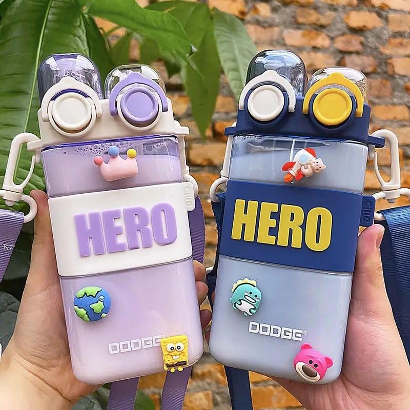 Kids Kawaii Cartoon Water Bottle – 2-in-1 Straw & Light | 580ml Square Leak-Proof Drinking Cup with Stickers & Adjustable Strap