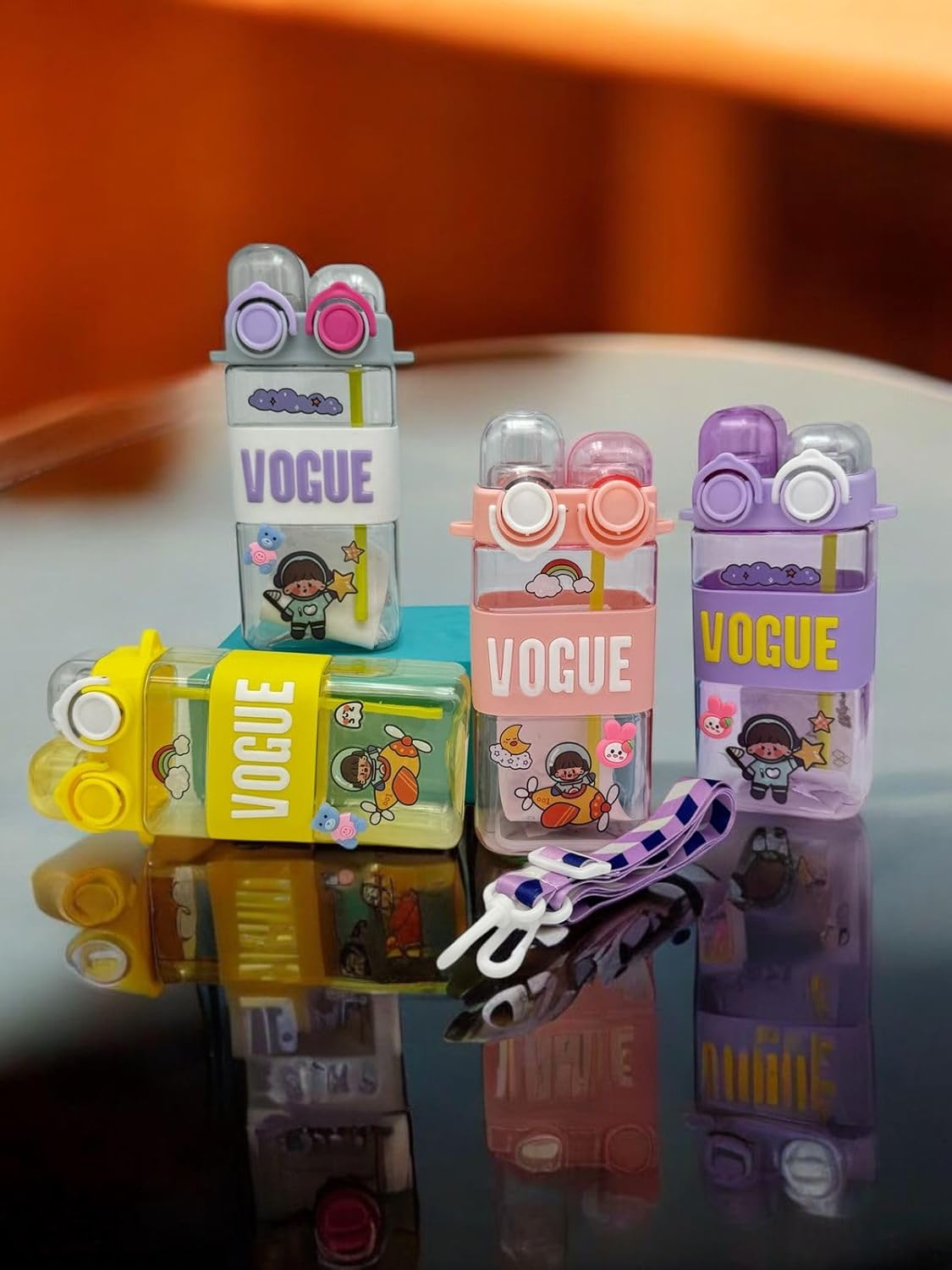 Kids Kawaii Cartoon Water Bottle – 2-in-1 Straw & Light | 580ml Square Leak-Proof Drinking Cup with Stickers & Adjustable Strap