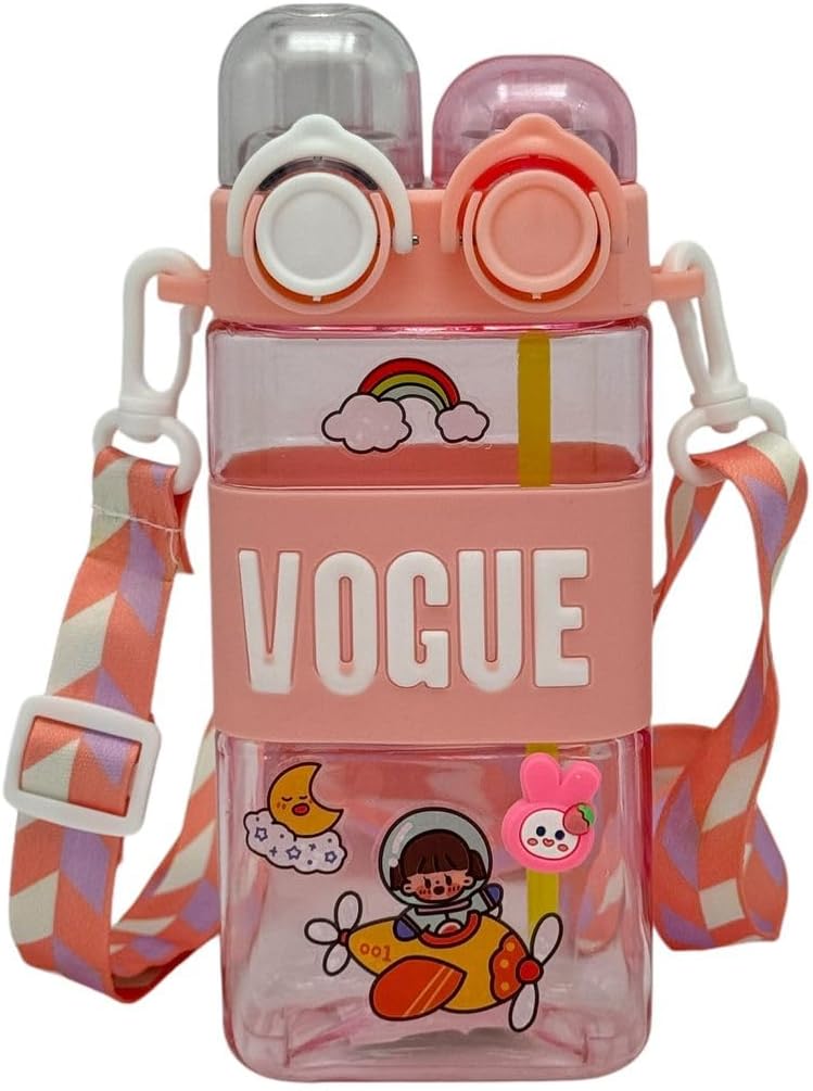Kids Kawaii Cartoon Water Bottle – 2-in-1 Straw & Light | 580ml Square Leak-Proof Drinking Cup with Stickers & Adjustable Strap
