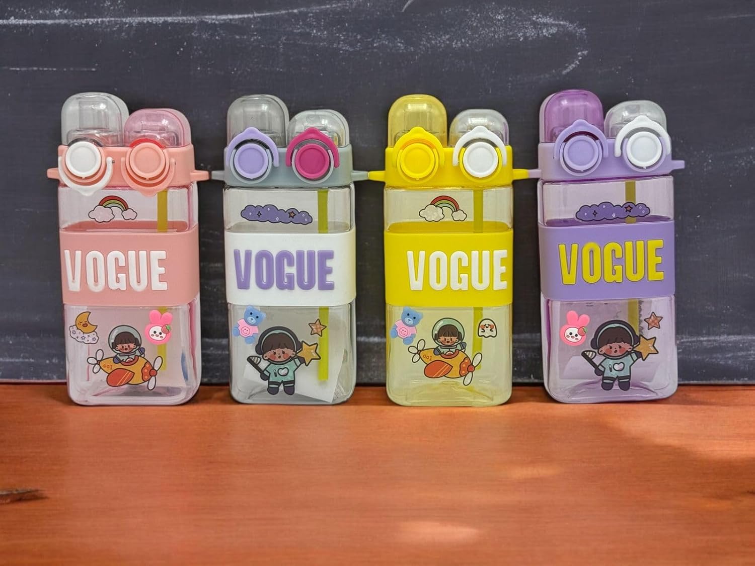 Kids Kawaii Cartoon Water Bottle – 2-in-1 Straw & Light | 580ml Square Leak-Proof Drinking Cup with Stickers & Adjustable Strap