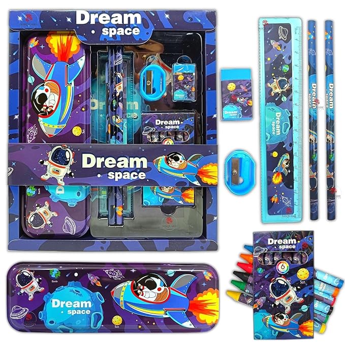 Dream Space Stationery Kit for Kids – 6-in-1 Cartoon School Set with Pencil Box, Crayons, Pencils, Eraser, Scale & Sharpener