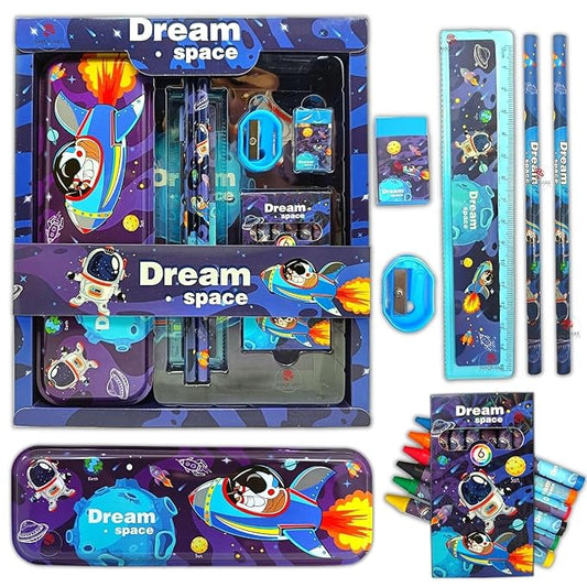 Dream Space Stationery Kit for Kids – 6-in-1 Cartoon School Set with Pencil Box, Crayons, Pencils, Eraser, Scale & Sharpener