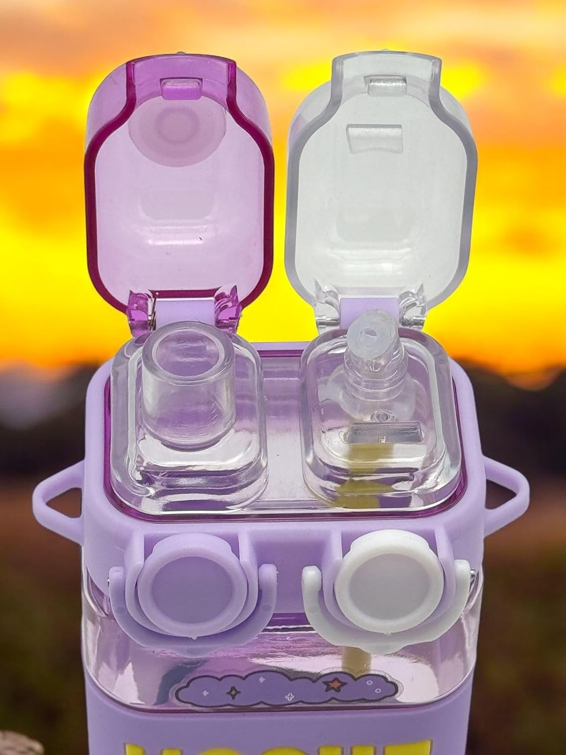 Kids Kawaii Cartoon Water Bottle – 2-in-1 Straw & Light | 580ml Square Leak-Proof Drinking Cup with Stickers & Adjustable Strap