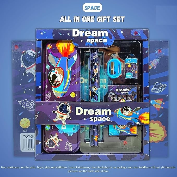 Dream Space Stationery Kit for Kids – 6-in-1 Cartoon School Set with Pencil Box, Crayons, Pencils, Eraser, Scale & Sharpener